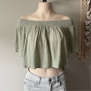 Kiwi + Punch Crinkle Off Shoulder Crop Top Seafoam Green Smocked Size XL